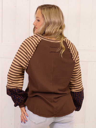 Mocha Leopard Print Sleeve Pullover Top - Sweater