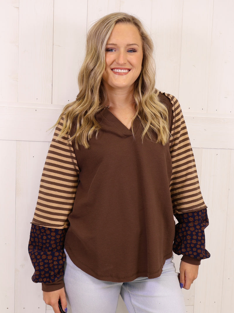 Mocha Leopard Print Sleeve Pullover Top - Sweater