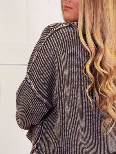 Mocha Washed Side Slit Oversized Cropped Sweater Pullover Top