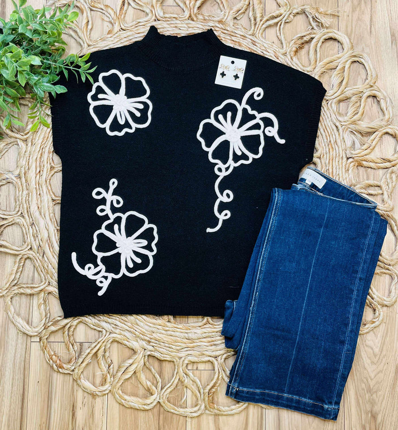 Mock Neck Black Floral Trim Sweater Top