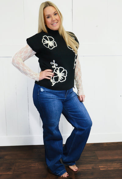 Mock Neck Black Floral Trim Sweater Top