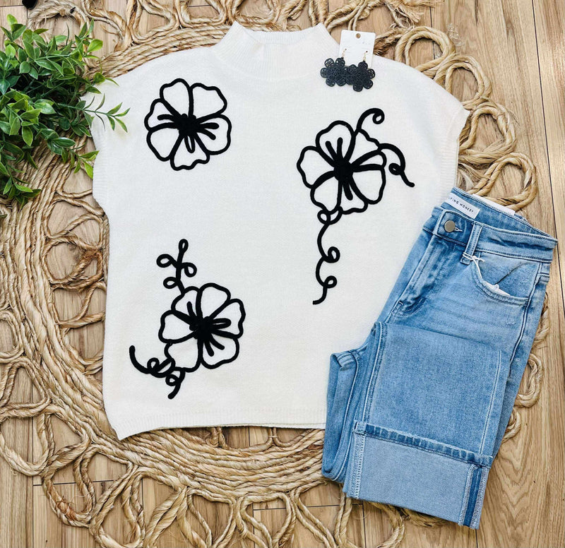 Mock Neck Cream Floral Trim Sweater