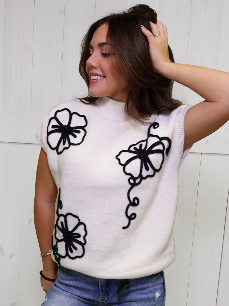 Mock Neck Cream Floral Trim Sweater
