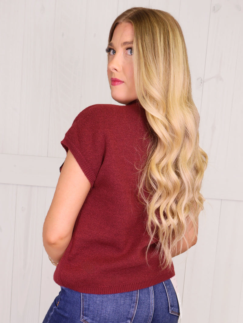 Mock Neck Wine Floral Trim Sweater