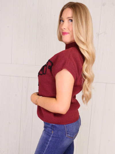 Mock Neck Wine Floral Trim Sweater