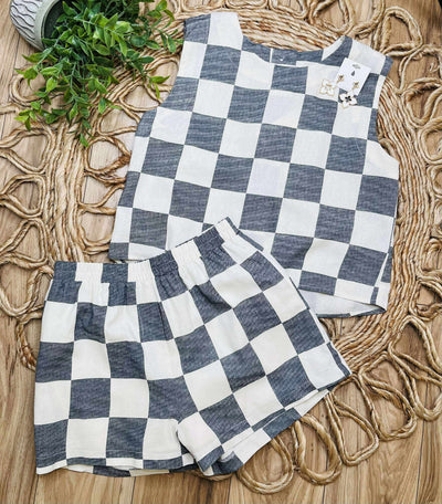 Navy Checkered Sleeveless Set