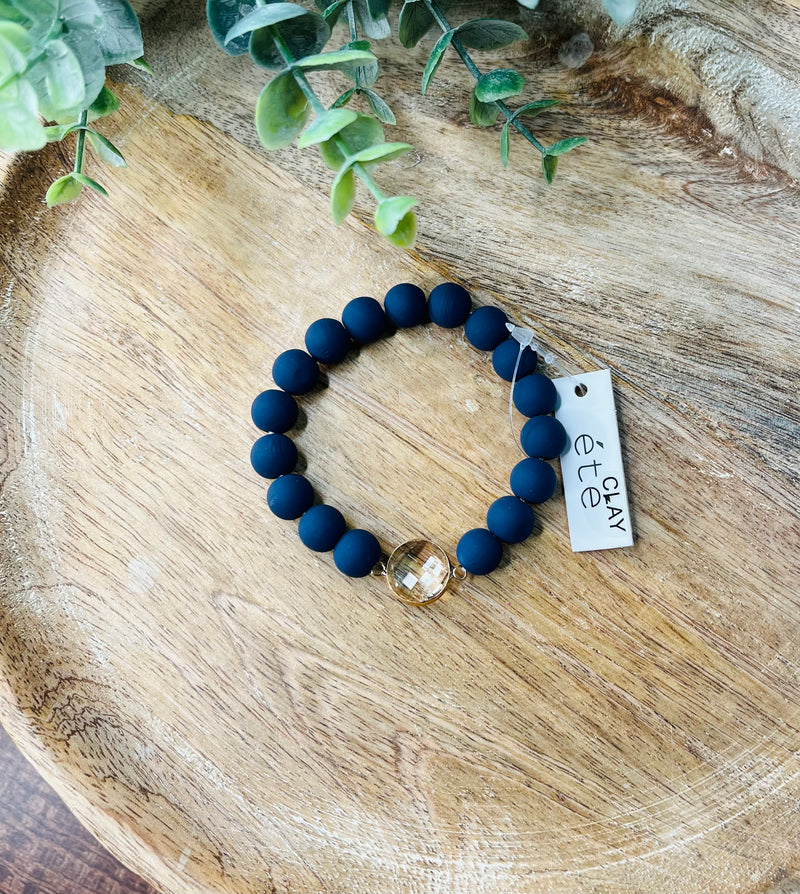 Navy Clay Beaded with Clear Pendant Bracelet