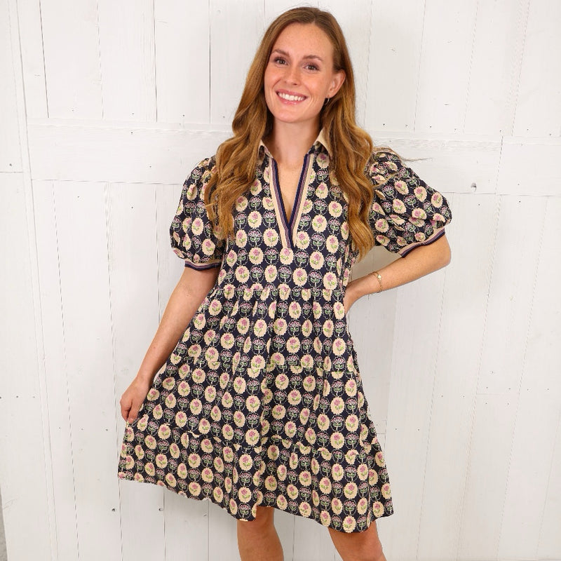 Navy Floral Split Neck Dress