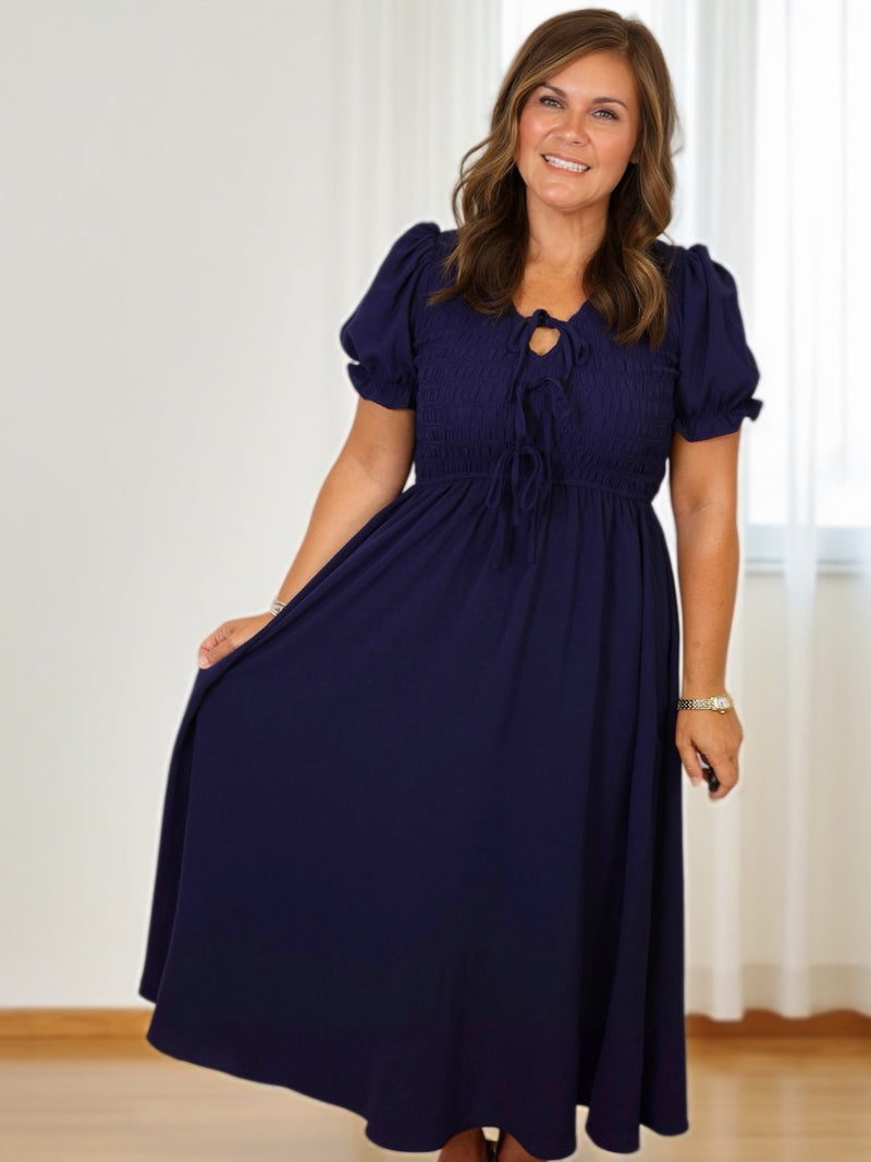 Navy Smocked Tie MIDI Dress