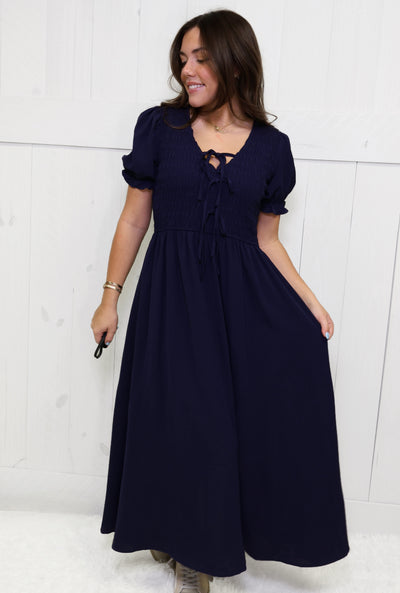 Navy Smocked Tie MIDI Dress