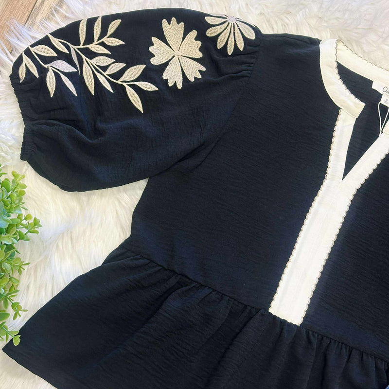 ODDI Black Peplum Top with Embroidered Sleeves