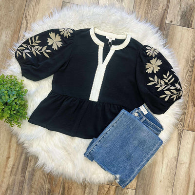 ODDI Black Peplum Top with Embroidered Sleeves