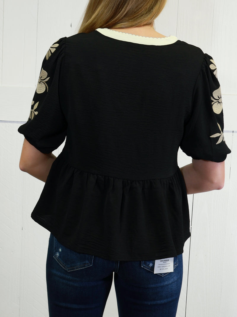ODDI Black Peplum Top with Embroidered Sleeves