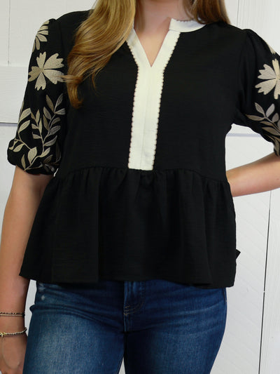 ODDI Black Peplum Top with Embroidered Sleeves