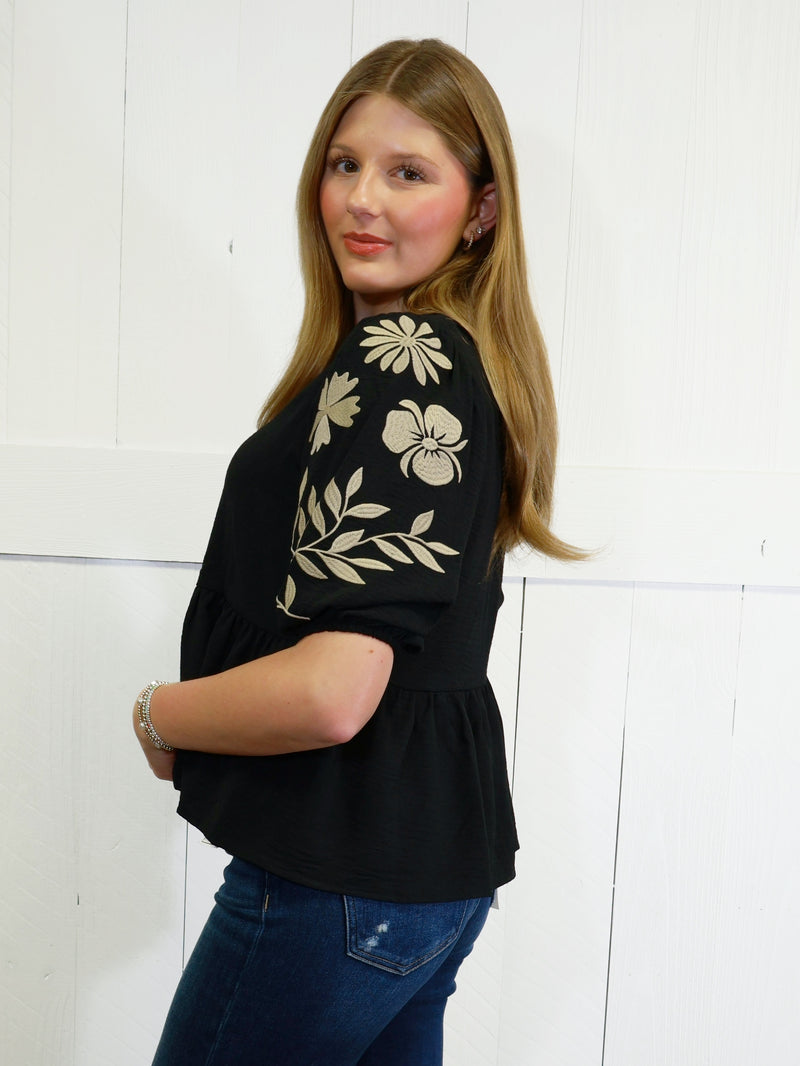ODDI Black Peplum Top with Embroidered Sleeves