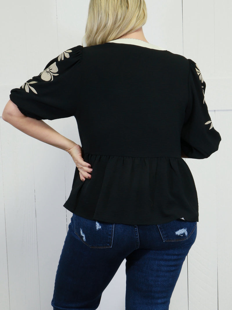 ODDI Black Peplum Top with Embroidered Sleeves