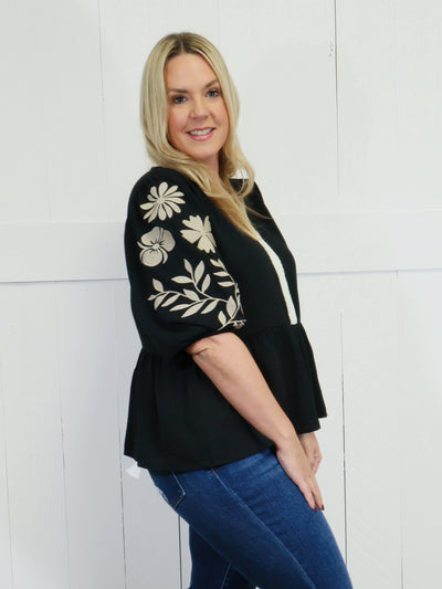 ODDI Black Peplum Top with Embroidered Sleeves