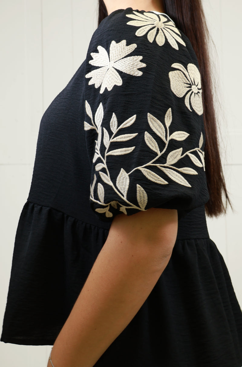 ODDI Black Peplum Top with Embroidered Sleeves