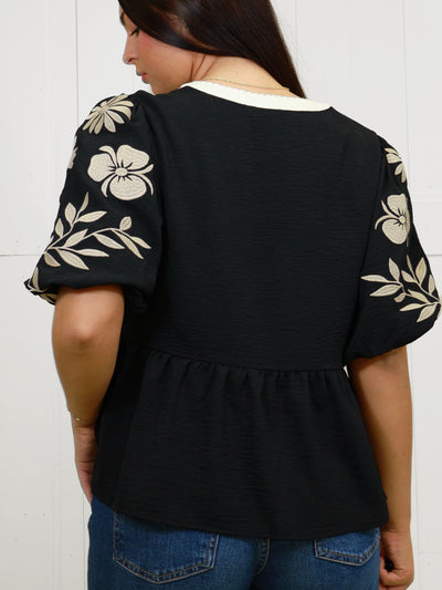 ODDI Black Peplum Top with Embroidered Sleeves