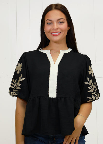 ODDI Black Peplum Top with Embroidered Sleeves