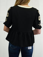 ODDI Black Peplum Top with Embroidered Sleeves Women’s