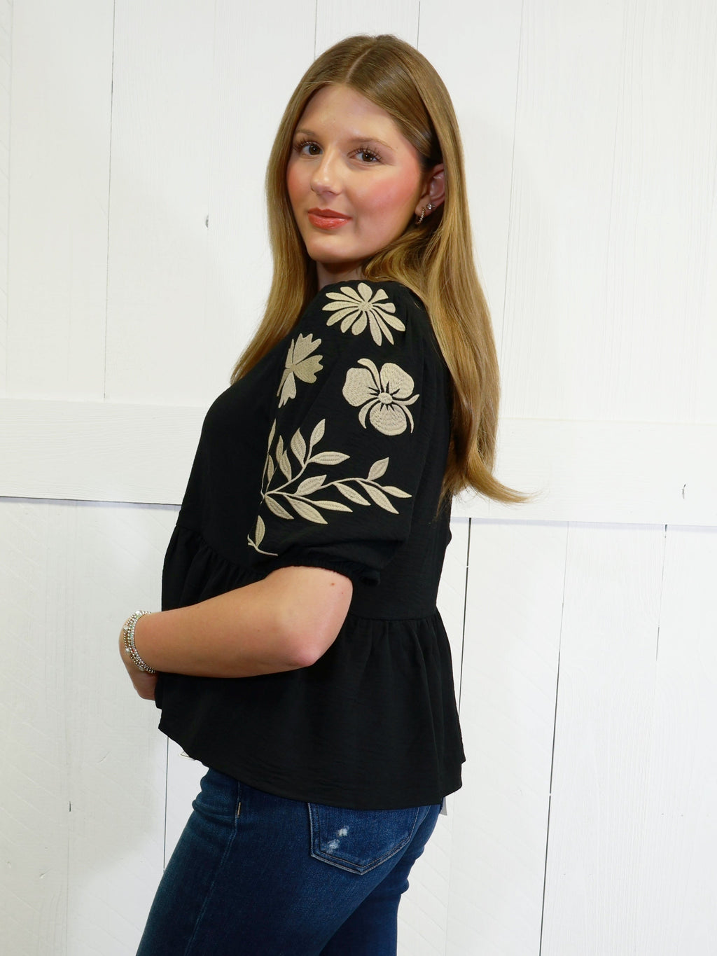 ODDI Black Peplum Top with Embroidered Sleeves Women’s