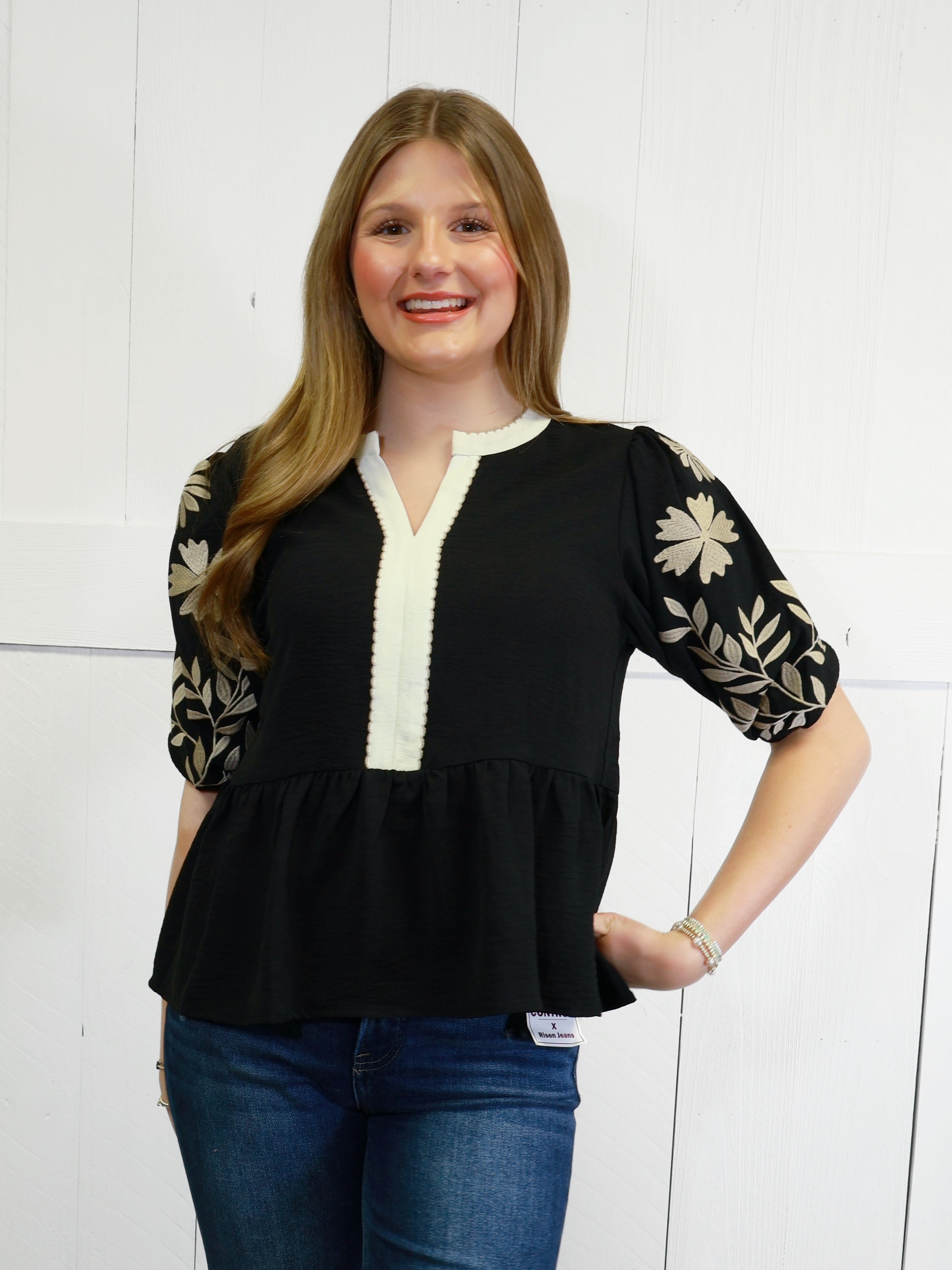 ODDI Black Peplum Top with Embroidered Sleeves Women’s