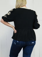 ODDI Black Peplum Top with Embroidered Sleeves Women’s