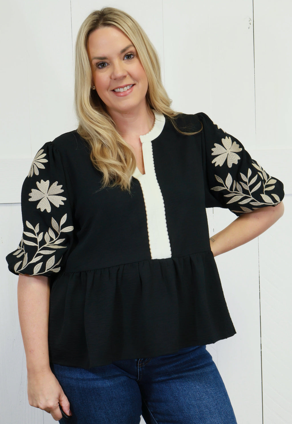 ODDI Black Peplum Top with Embroidered Sleeves Women’s