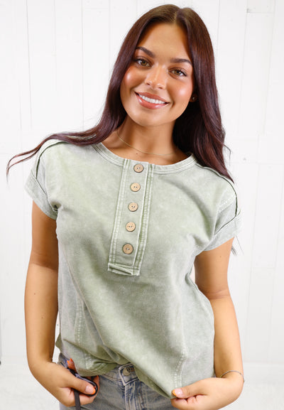 Olive Acid Wash Button Top