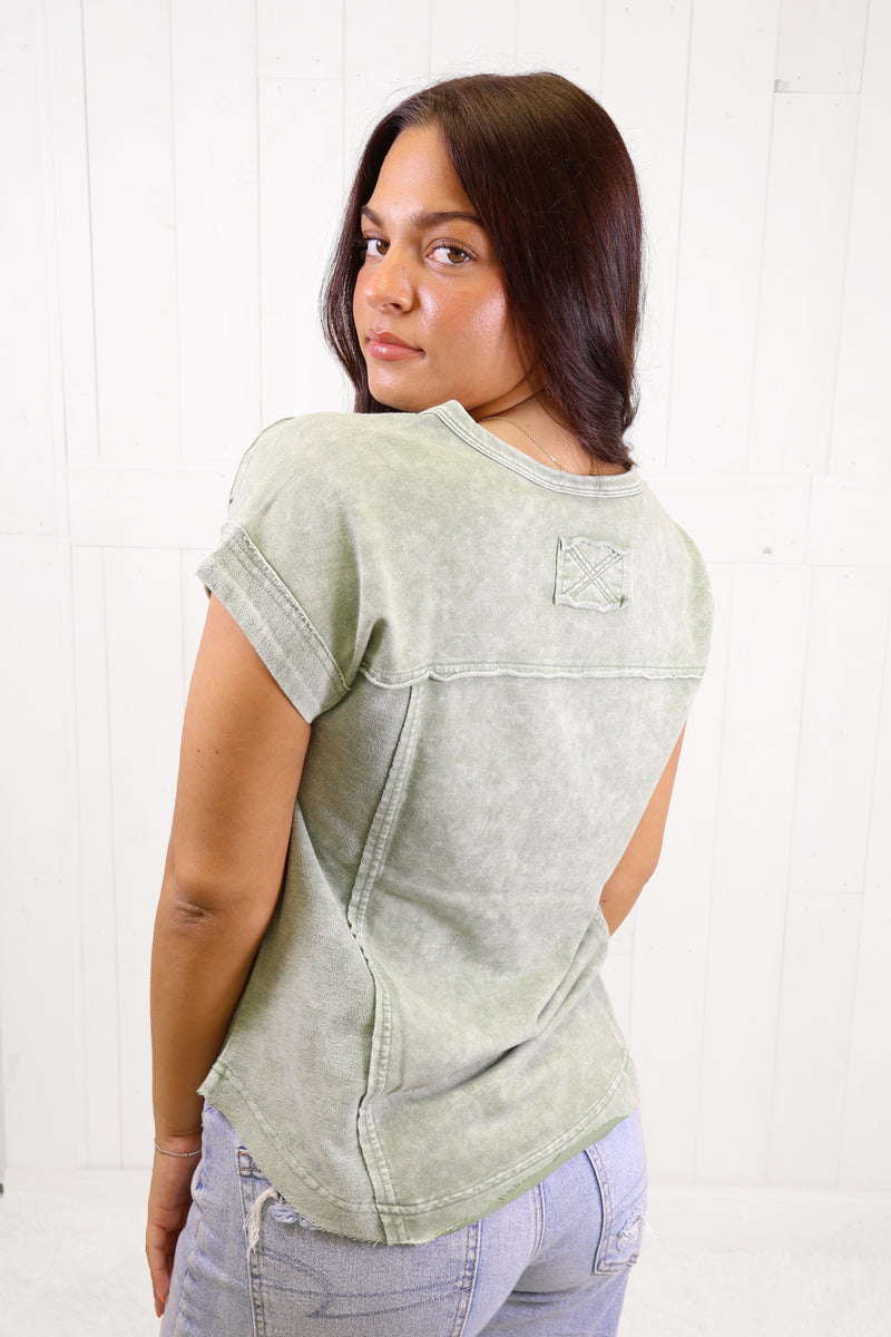 Olive Acid Wash Button Top