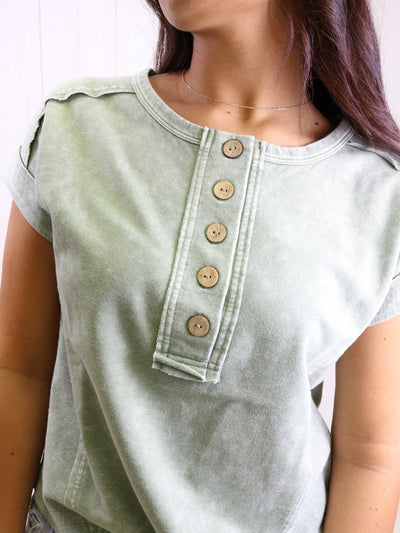 Olive Acid Wash Button Top