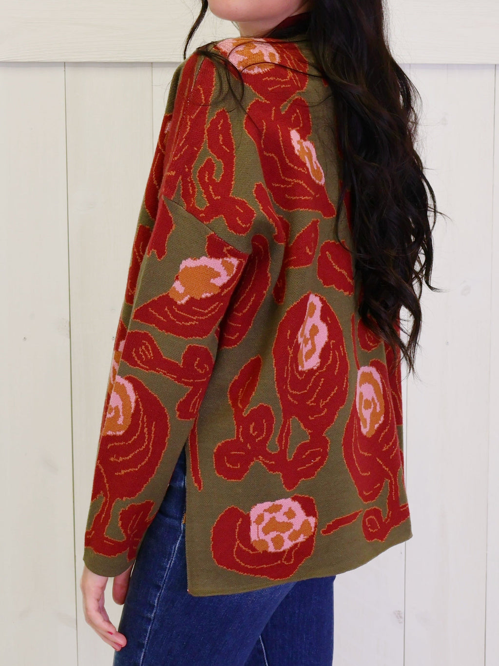 Olive Mock Neck Sweater with Rose Print