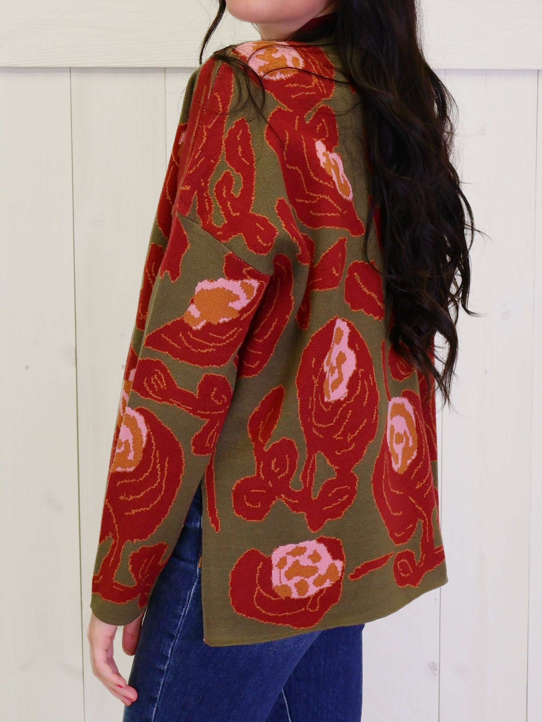 Olive Mock Neck Sweater with Rose Print