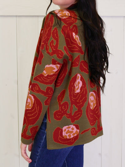 Olive Mock Neck Sweater with Rose Print