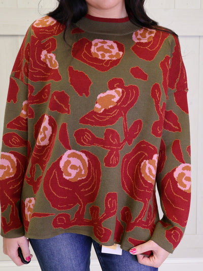 Olive Mock Neck Sweater with Rose Print