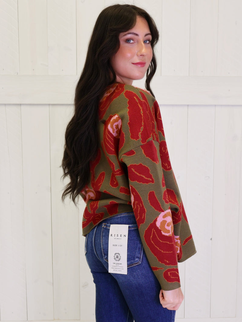 Olive Mock Neck Sweater with Rose Print