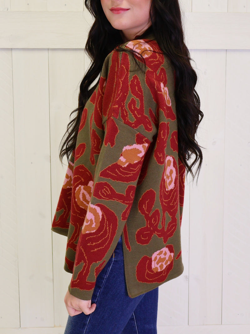 Olive Mock Neck Sweater with Rose Print