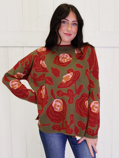 Olive Mock Neck Sweater with Rose Print