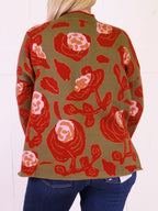 Olive Mock Neck Sweater with Rose Print