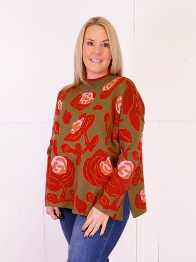 Olive Mock Neck Sweater with Rose Print