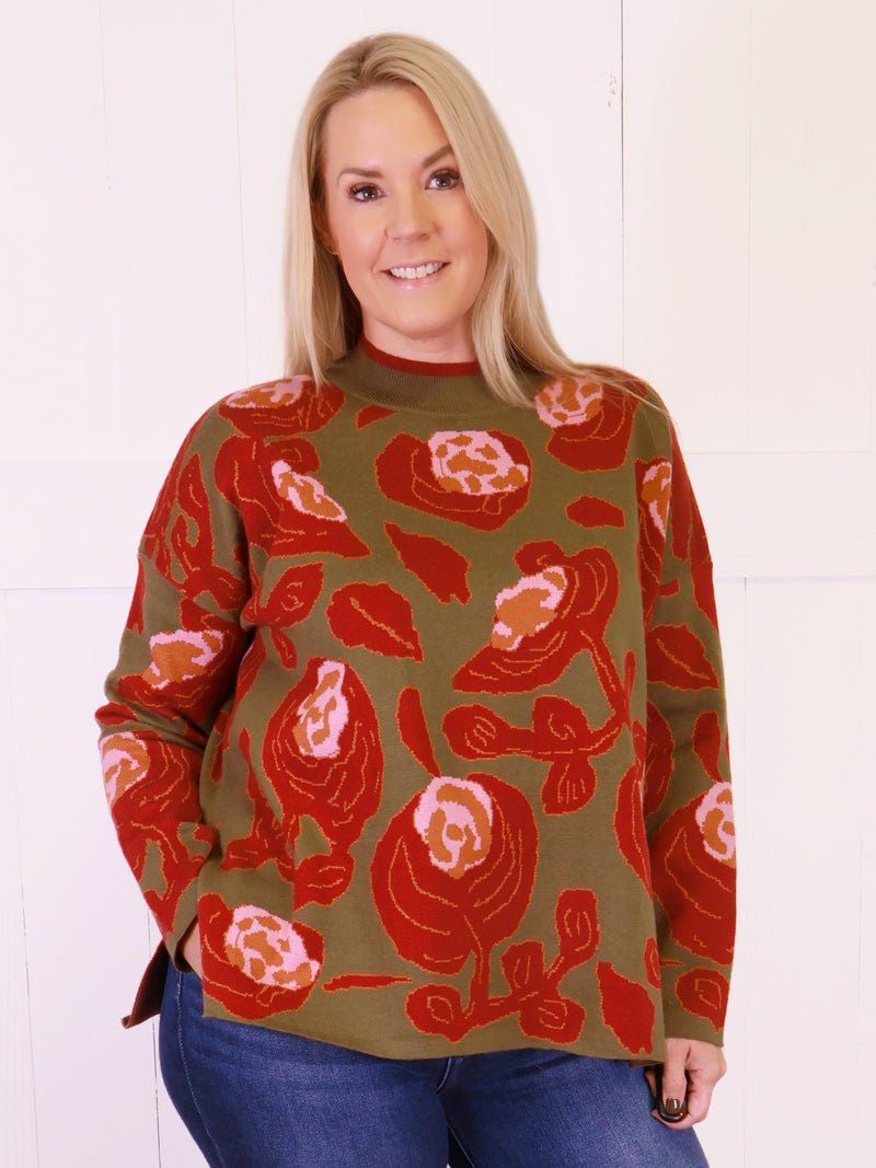 Olive Mock Neck Sweater with Rose Print
