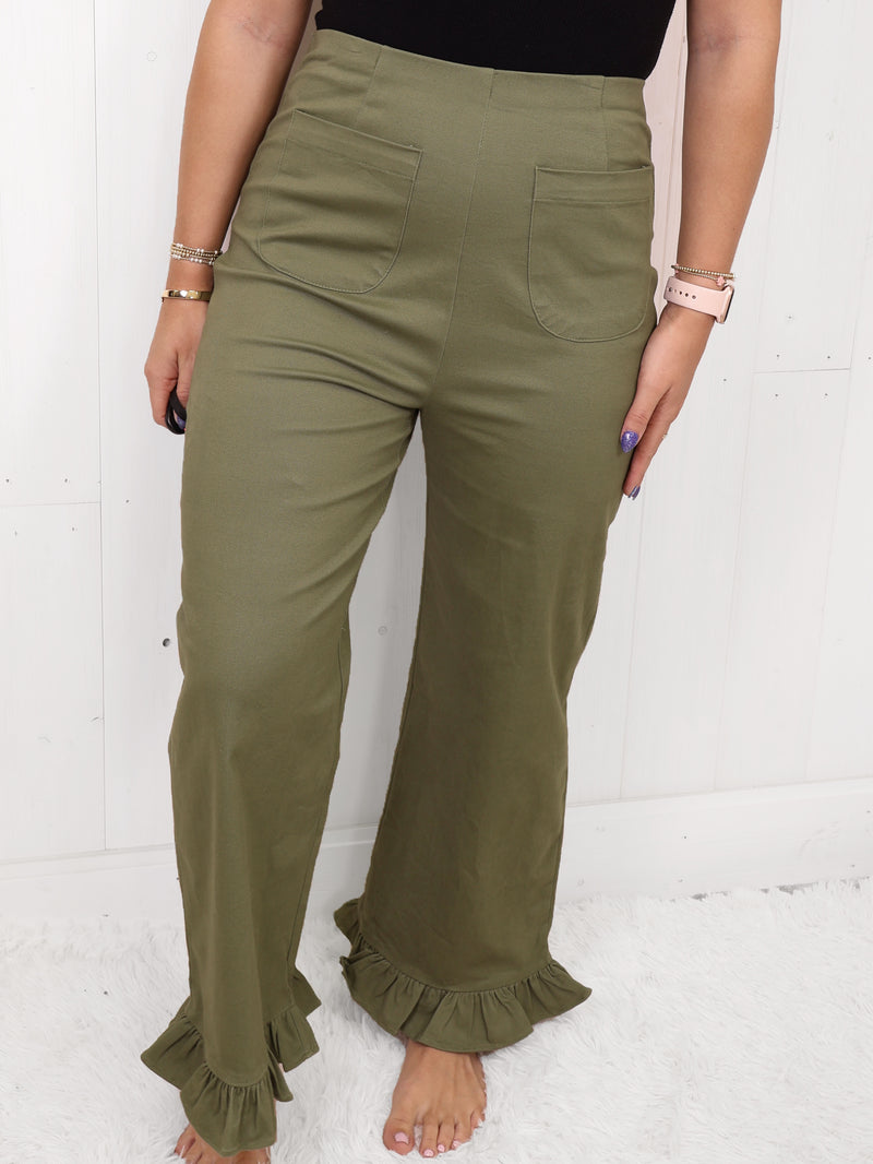 Olive Stretch Front Pocket Ruffle Hem Twill Pants