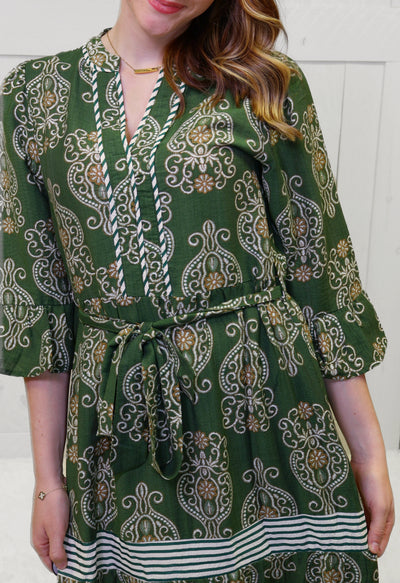 Olive V Neck Belted Maxi Dress
