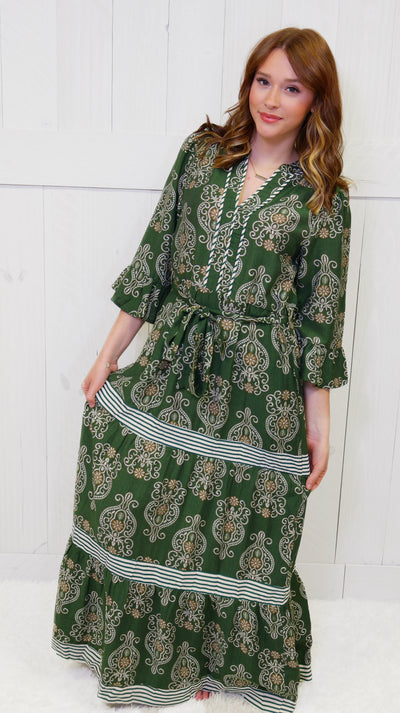 Olive V Neck Belted Maxi Dress