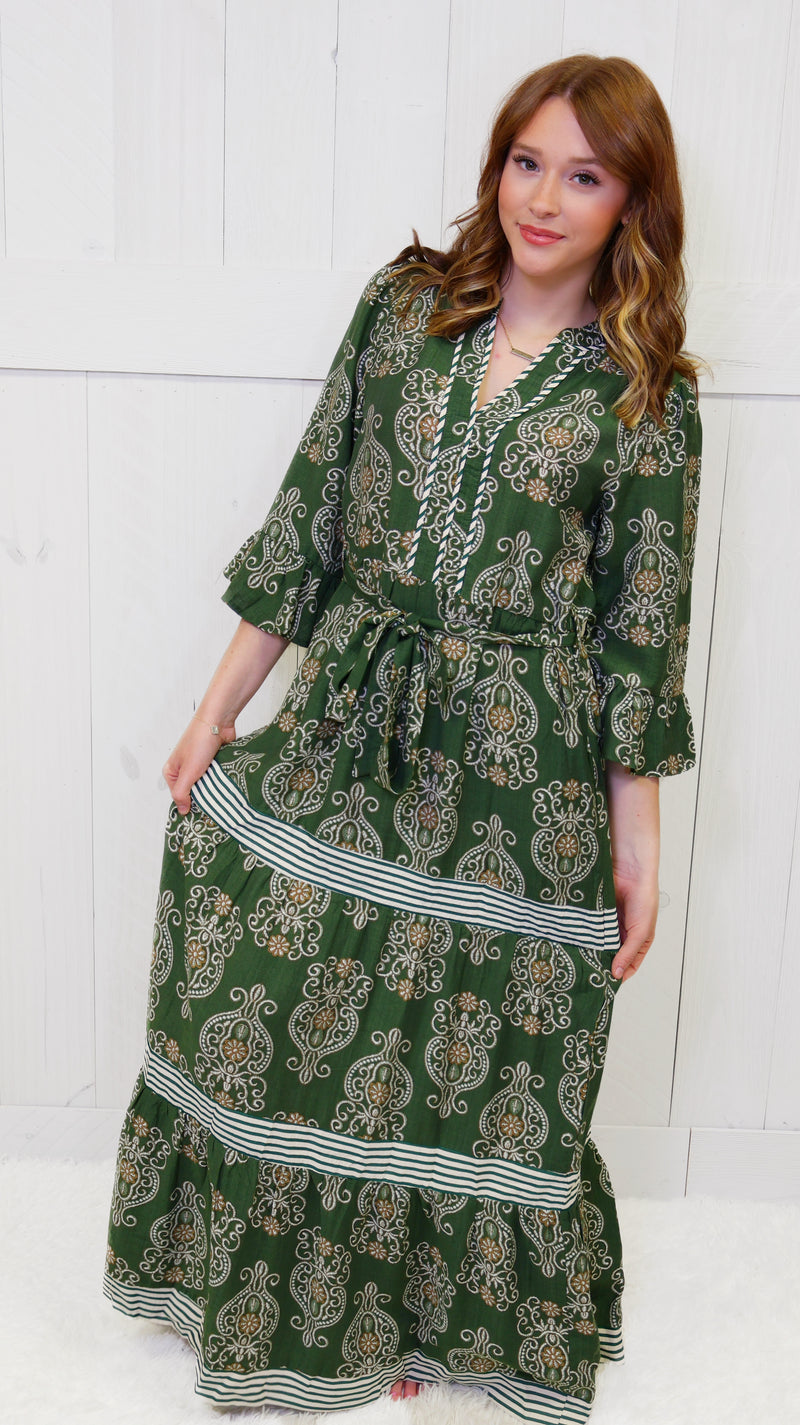 Olive V Neck Belted Maxi Dress