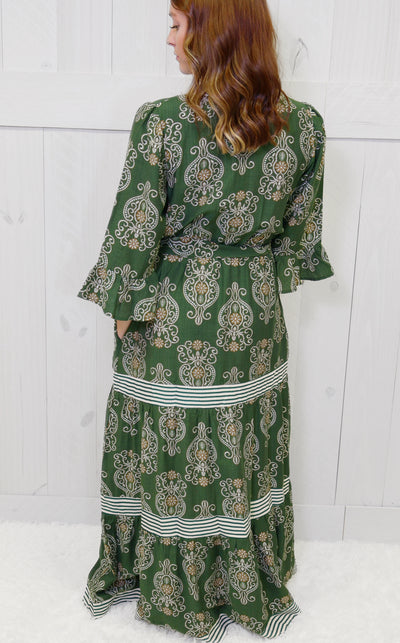 Olive V Neck Belted Maxi Dress