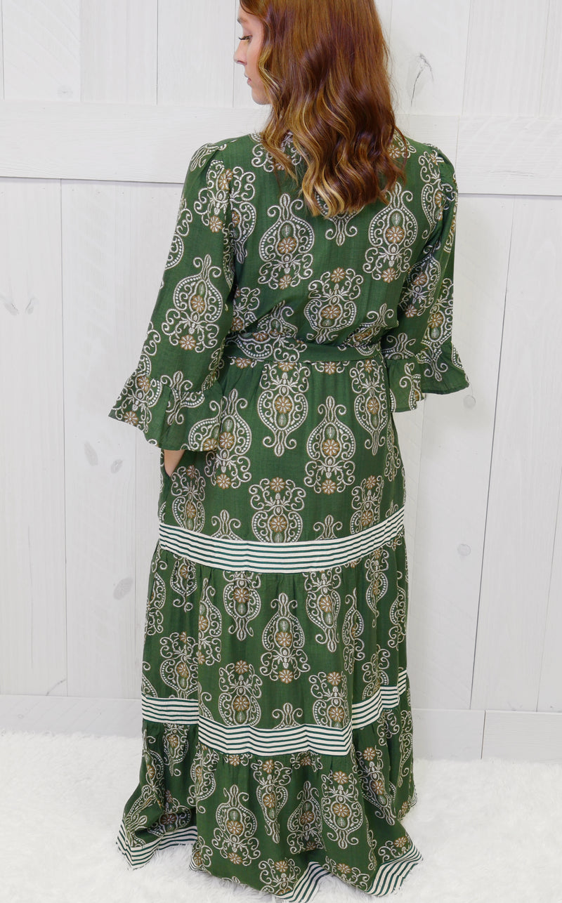 Olive V Neck Belted Maxi Dress