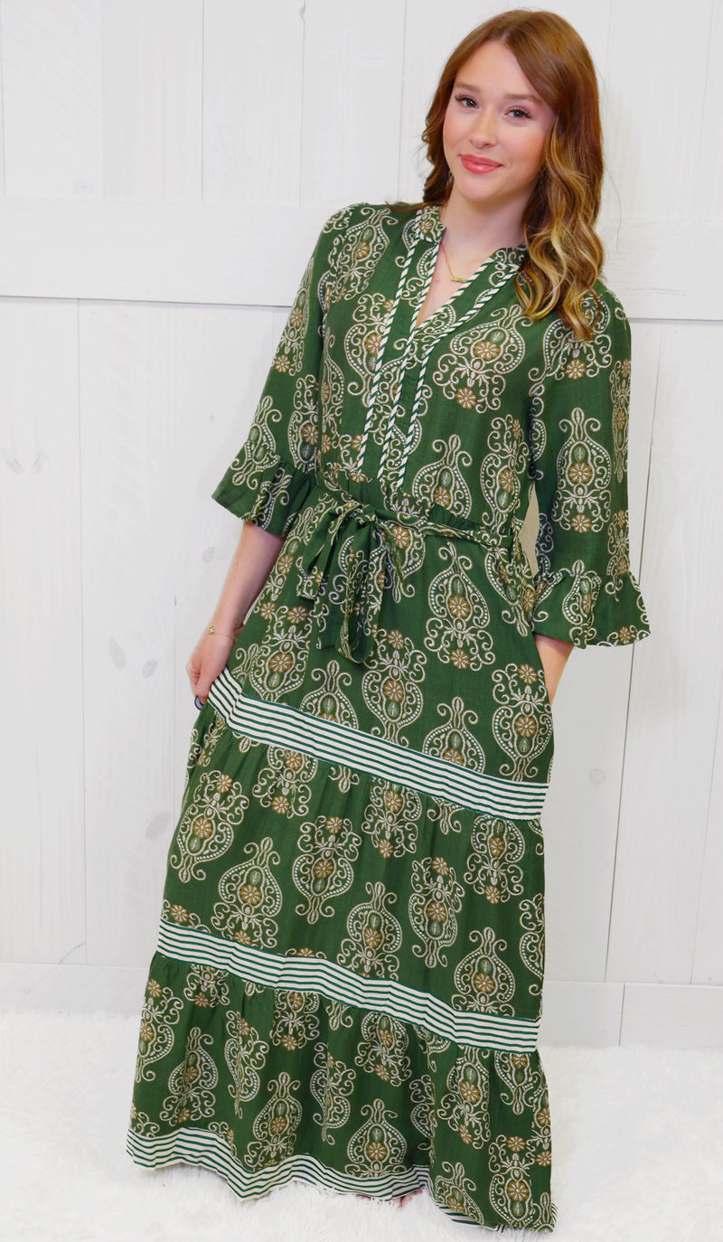 Olive V Neck Belted Maxi Dress