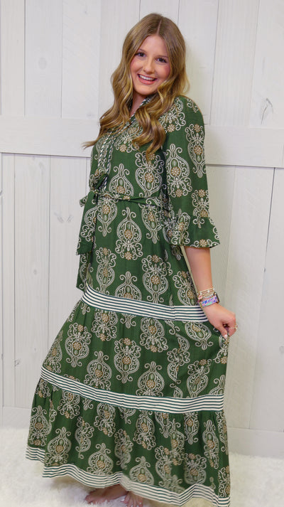 Olive V Neck Belted Maxi Dress